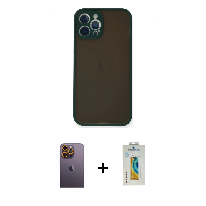 MARSİLYAN™- iPhone 12 Pro Kılıf Ahenk Çizgi Serisi - Siyah Polymer Nano Ekran Koruyucu + Neon Fosforlu Kamera Lens - SI
