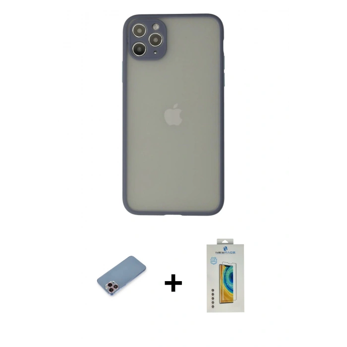 MARSİLYAN™- iPhone 12 Pro Kılıf Ahenk Çizgi Serisi - Siyah Polymer Nano Ekran Koruyucu + Shine Kamera Lens Koruma Cam - PE