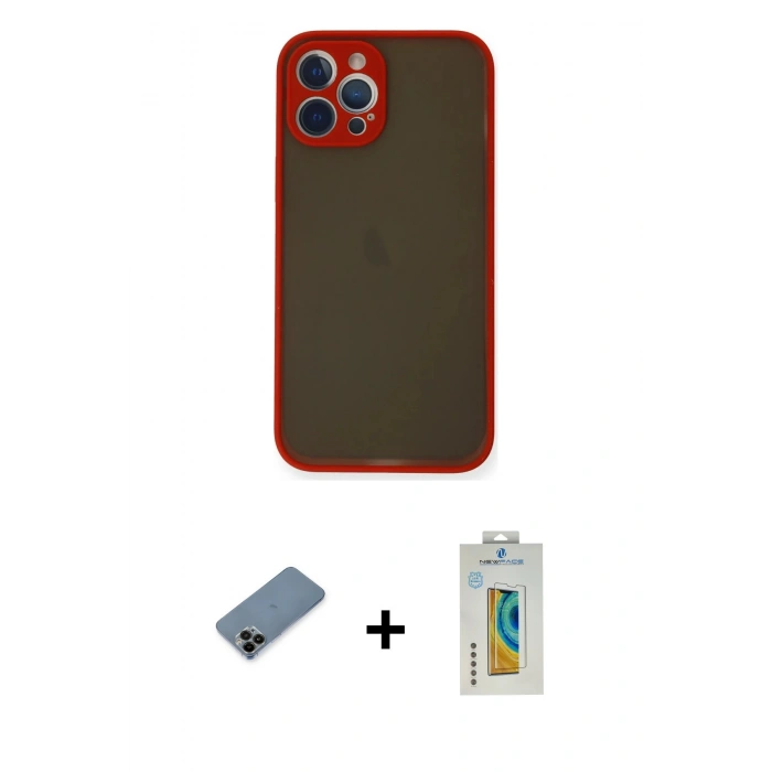 MARSİLYAN™- iPhone 12 Pro Kılıf Ahenk Çizgi Serisi - Siyah Polymer Nano Ekran Koruyucu + Shine Kamera Lens Koruma Cam - SH