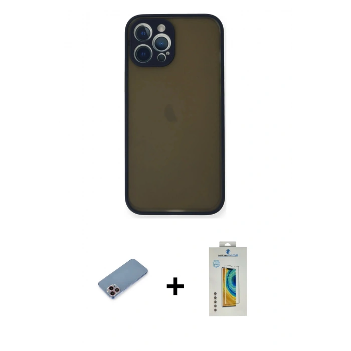 MARSİLYAN™- iPhone 12 Pro Kılıf Ahenk Çizgi Serisi - Siyah Polymer Nano Ekran Koruyucu + Shine Kamera Lens Koruma Cam - PE