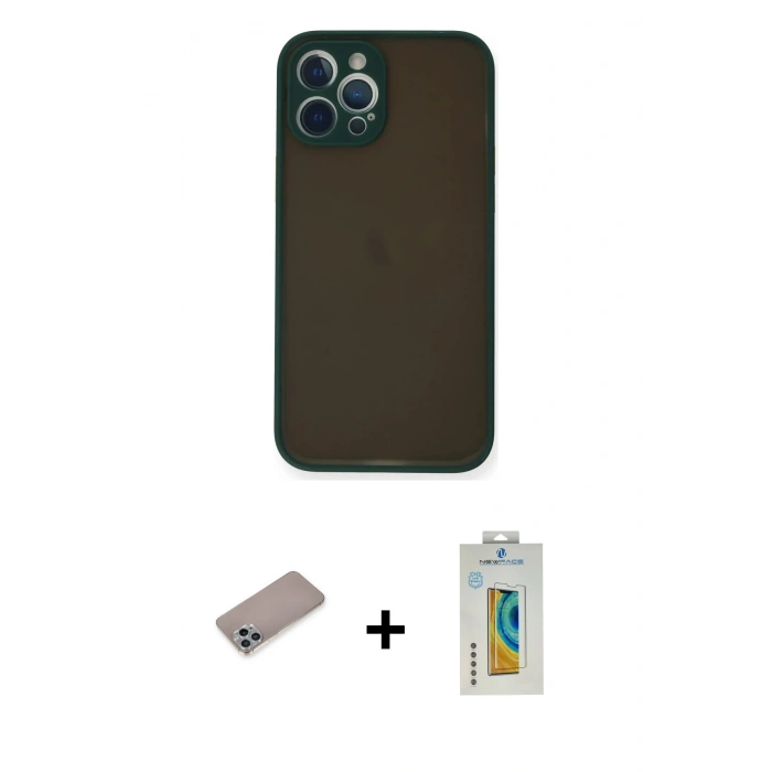 MARSİLYAN™- iPhone 12 Pro Kılıf Ahenk Çizgi Serisi - Siyah Polymer Nano Ekran Koruyucu + Shine Kamera Lens Koruma Cam - SABE