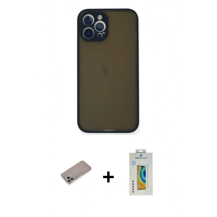 MARSİLYAN™- iPhone 12 Pro Kılıf Ahenk Çizgi Serisi - Siyah Polymer Nano Ekran Koruyucu + Shine Kamera Lens Koruma Cam - SABE