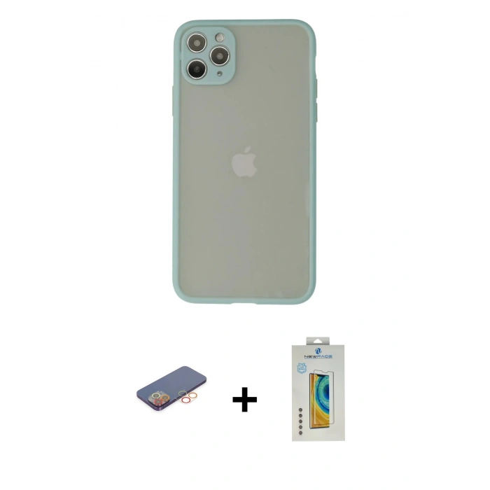 MARSİLYAN™- iPhone 12 Pro Kılıf Ahenk Çizgi Serisi - Siyah Polymer Nano Ekran Koruyucu + Turuncu Renkli Kamera Lens Koruma Cam