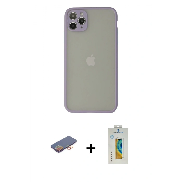 MARSİLYAN™- iPhone 12 Pro Kılıf Ahenk Çizgi Serisi - Siyah Polymer Nano Ekran Koruyucu + Turuncu Renkli Kamera Lens Koruma Cam