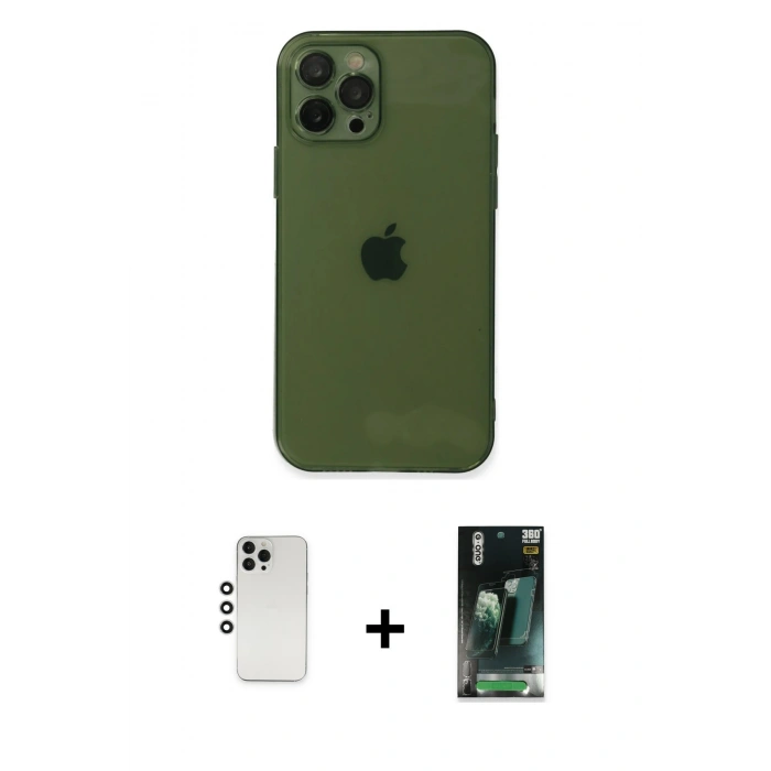 MARSİLYAN™- iPhone 12 Pro Kılıf Ahenk Doku - Şeffaf 360 Full Body Arka Koruyucu + Shine Kamera Lens - GS