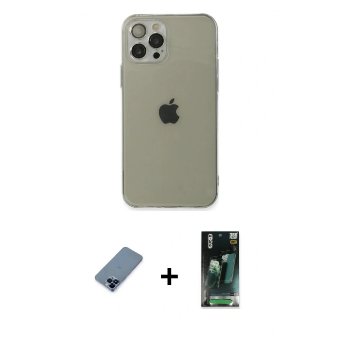 MARSİLYAN™- iPhone 12 Pro Kılıf Ahenk Doku - Şeffaf 360 Full Body Arka Koruyucu + Metal Kamera Lens Koruma Cam - MI