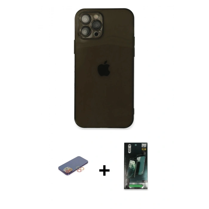 MARSİLYAN™- iPhone 12 Pro Kılıf Ahenk Doku - Şeffaf 360 Full Body Arka Koruyucu + Renkli Kamera Lens Koruma Cam - TU