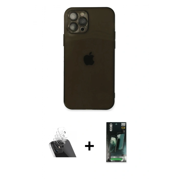MARSİLYAN™- iPhone 12 Pro Kılıf Ahenk Doku - Şeffaf 360 Full Body Arka Koruyucu + Kamera Lens Koruma Cam - SF