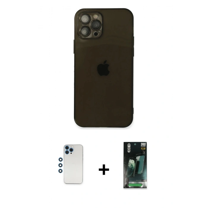 MARSİLYAN™- iPhone 12 Pro Kılıf Ahenk Doku - Şeffaf 360 Full Body Arka Koruyucu + Shine Kamera Lens - MI