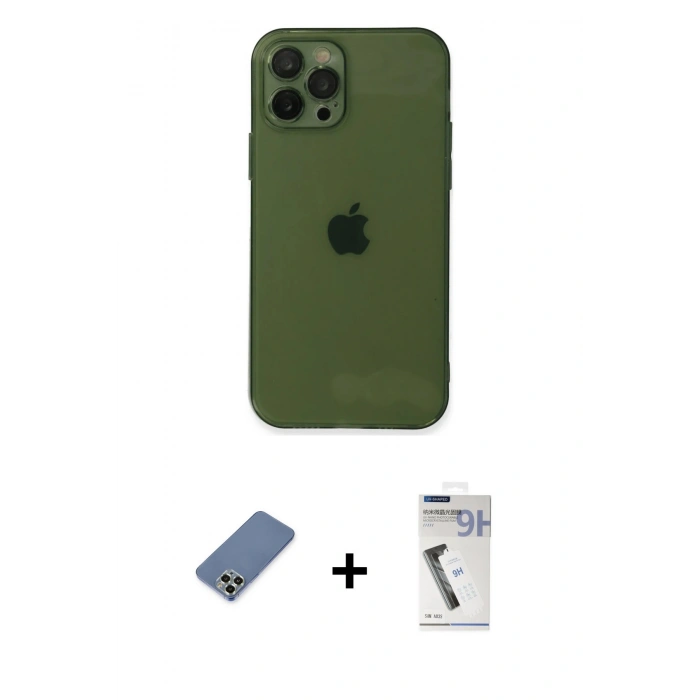 MARSİLYAN™- iPhone 12 Pro Kılıf Ahenk Doku - Şeffaf Uv Polymer Nano Ekran Koruyucu + Metal Kamera Lens Koruma Cam - AKYL