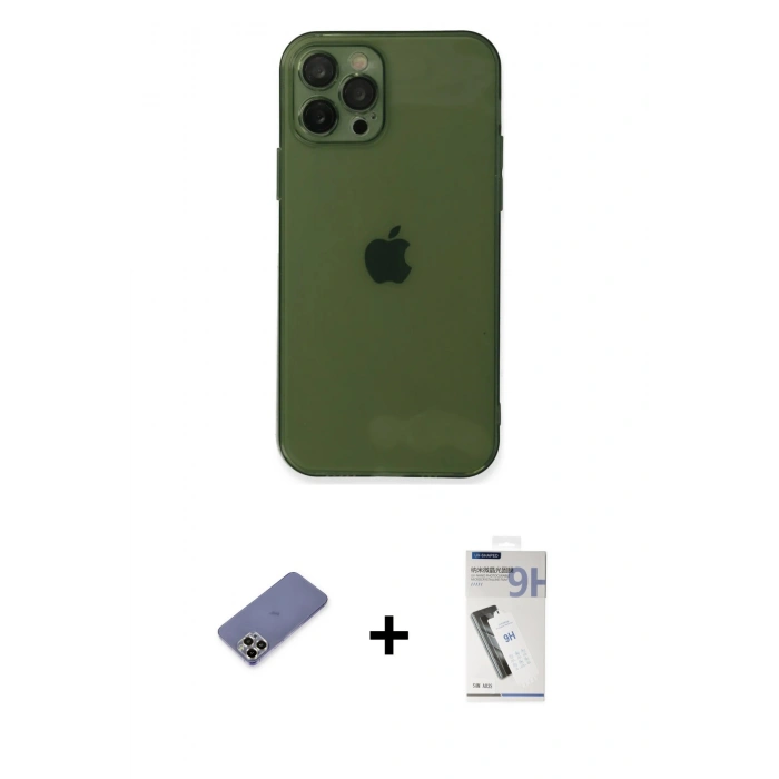 MARSİLYAN™- iPhone 12 Pro Kılıf Ahenk Doku - Şeffaf Uv Polymer Nano Ekran Koruyucu + Metal Kamera Lens Koruma Cam - GD