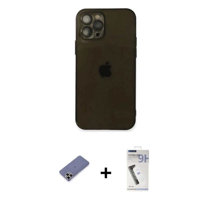 MARSİLYAN™- iPhone 12 Pro Kılıf Ahenk Doku - Şeffaf Uv Polymer Nano Ekran Koruyucu + Metal Kamera Lens Koruma Cam - GD