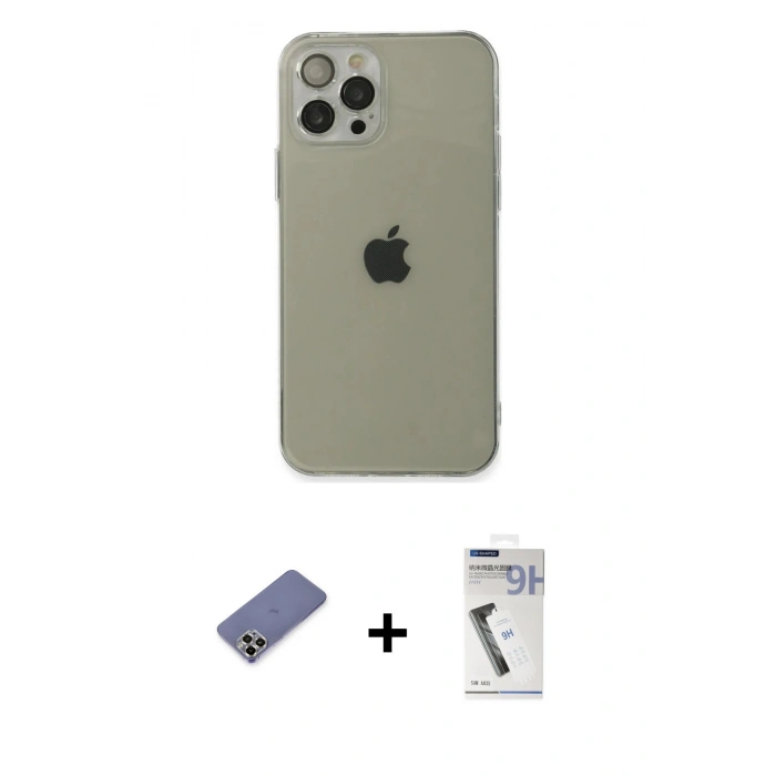 MARSİLYAN™- iPhone 12 Pro Kılıf Ahenk Doku - Şeffaf Uv Polymer Nano Ekran Koruyucu + Metal Kamera Lens Koruma Cam - GD