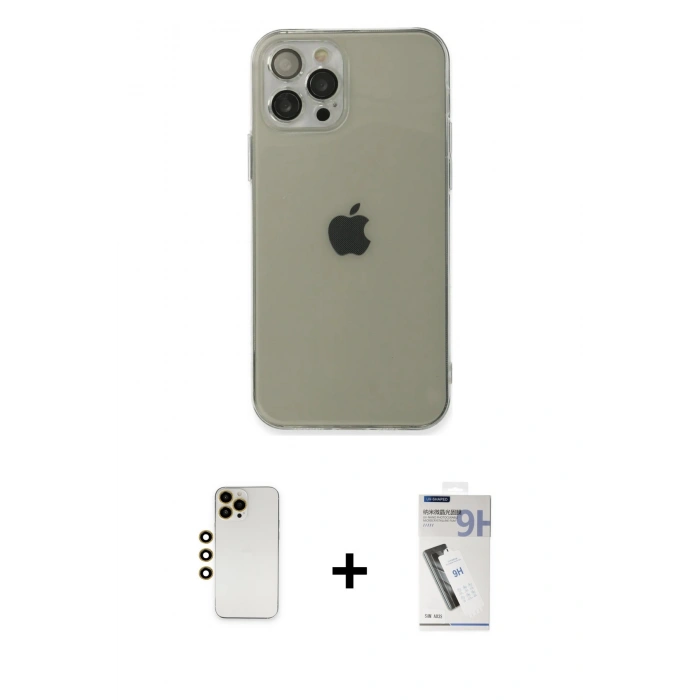 MARSİLYAN™- iPhone 12 Pro Kılıf Ahenk Doku - Şeffaf Uv Polymer Nano Ekran Koruyucu + Gold Shine Kamera Lens