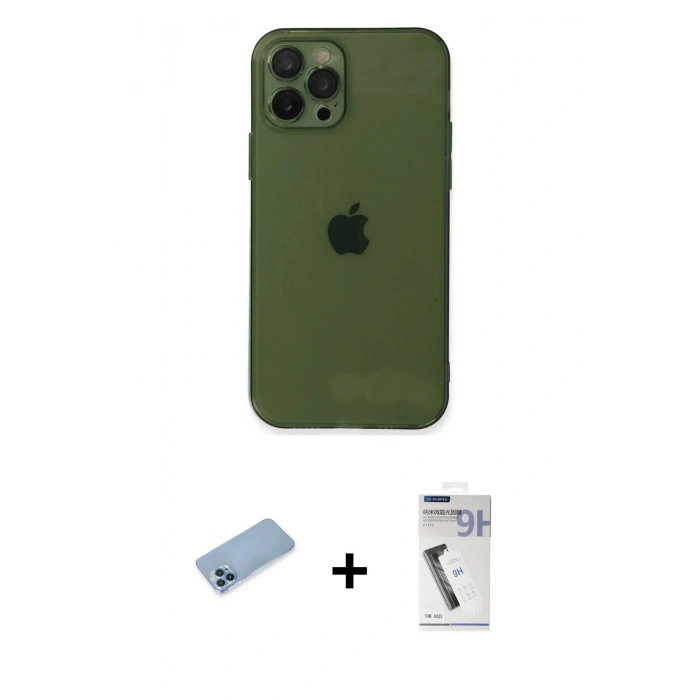 MARSİLYAN™- iPhone 12 Pro Kılıf Ahenk Doku - Şeffaf Uv Polymer Nano Ekran Koruyucu + Mavi Shine Kamera Lens Koruma Cam
