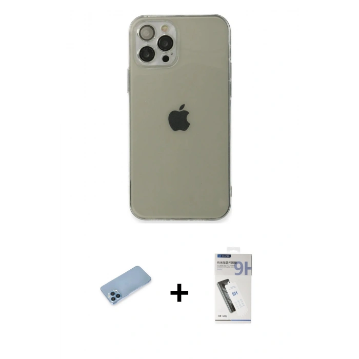 MARSİLYAN™- iPhone 12 Pro Kılıf Ahenk Doku - Şeffaf Uv Polymer Nano Ekran Koruyucu + Mavi Shine Kamera Lens Koruma Cam