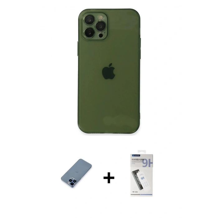 MARSİLYAN™- iPhone 12 Pro Kılıf Ahenk Doku - Şeffaf Uv Polymer Nano Ekran Koruyucu + Metal Kamera Lens Koruma Cam - MI