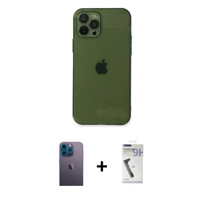 MARSİLYAN™- iPhone 12 Pro Kılıf Ahenk Doku - Şeffaf Uv Polymer Nano Ekran Koruyucu + Neon Fosforlu Kamera Lens - MI