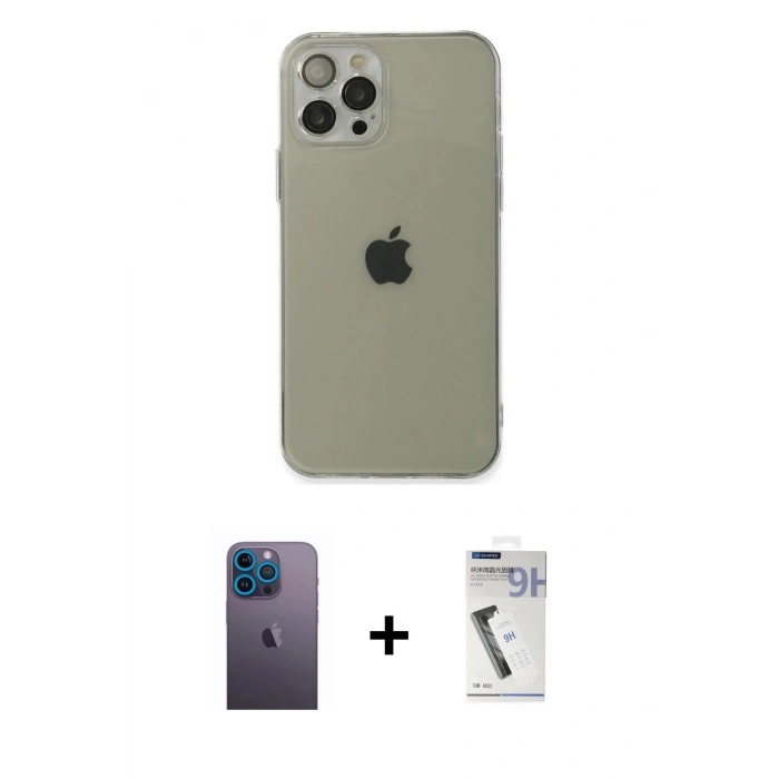MARSİLYAN™- iPhone 12 Pro Kılıf Ahenk Doku - Şeffaf Uv Polymer Nano Ekran Koruyucu + Neon Fosforlu Kamera Lens - MI