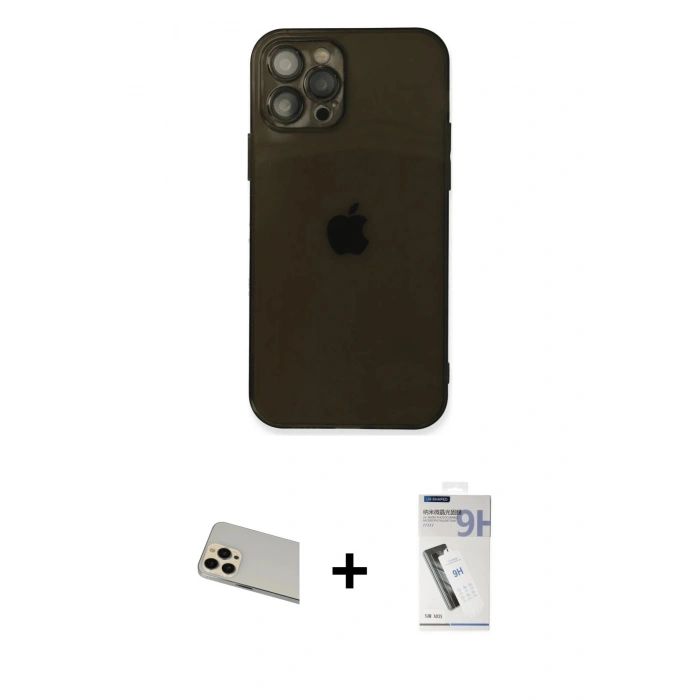 MARSİLYAN™- iPhone 12 Pro Kılıf Ahenk Doku - Şeffaf Uv Polymer Nano Ekran Koruyucu + Rainbow Kamera Lens Koruma Cam - GD