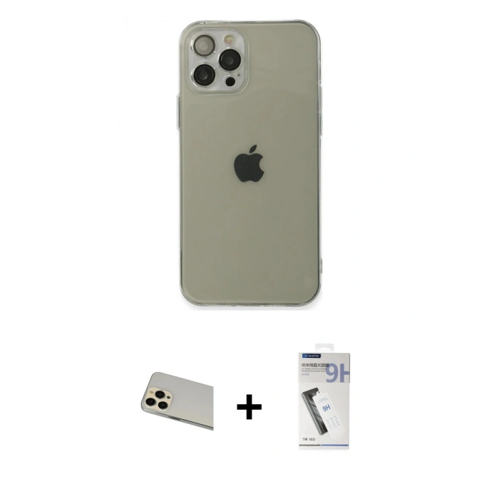 MARSİLYAN™- iPhone 12 Pro Kılıf Ahenk Doku - Şeffaf Uv Polymer Nano Ekran Koruyucu + Rainbow Kamera Lens Koruma Cam - GD