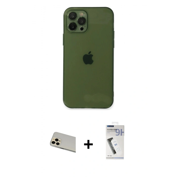 MARSİLYAN™- iPhone 12 Pro Kılıf Ahenk Doku - Şeffaf Uv Polymer Nano Ekran Koruyucu + Rainbow Kamera Lens Koruma Cam - GD