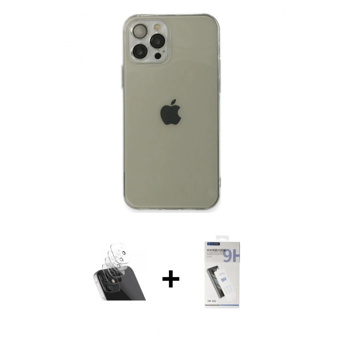 MARSİLYAN™- iPhone 12 Pro Kılıf Ahenk Doku - Şeffaf Uv Polymer Nano Ekran Koruyucu + Kamera Lens Koruma Cam - SF