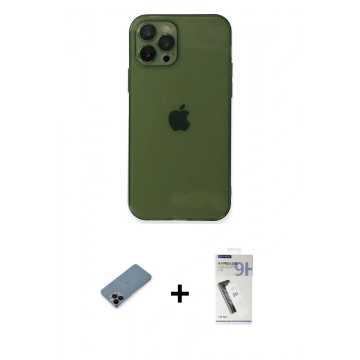 MARSİLYAN™- iPhone 12 Pro Kılıf Ahenk Doku - Şeffaf Uv Polymer Nano Ekran Koruyucu + Shine Kamera Lens Koruma Cam - SH