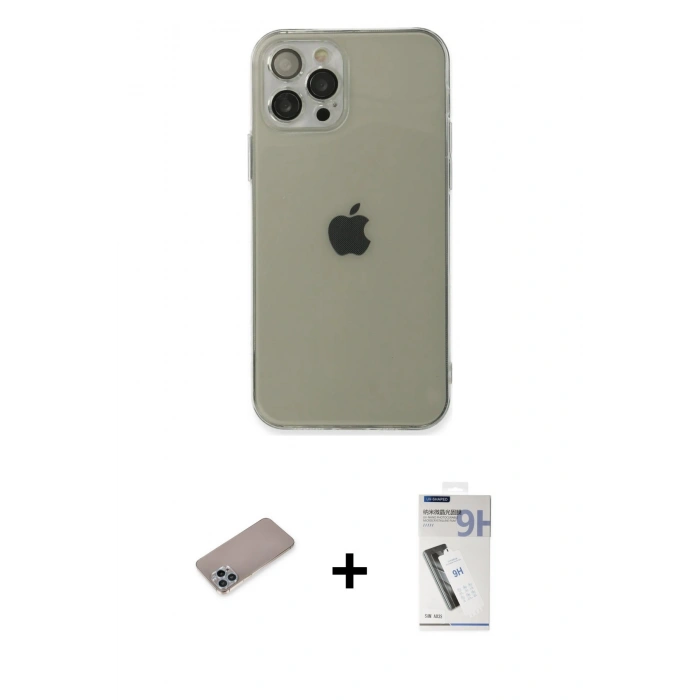 MARSİLYAN™- iPhone 12 Pro Kılıf Ahenk Doku - Şeffaf Uv Polymer Nano Ekran Koruyucu + Shine Kamera Lens Koruma Cam - SABE