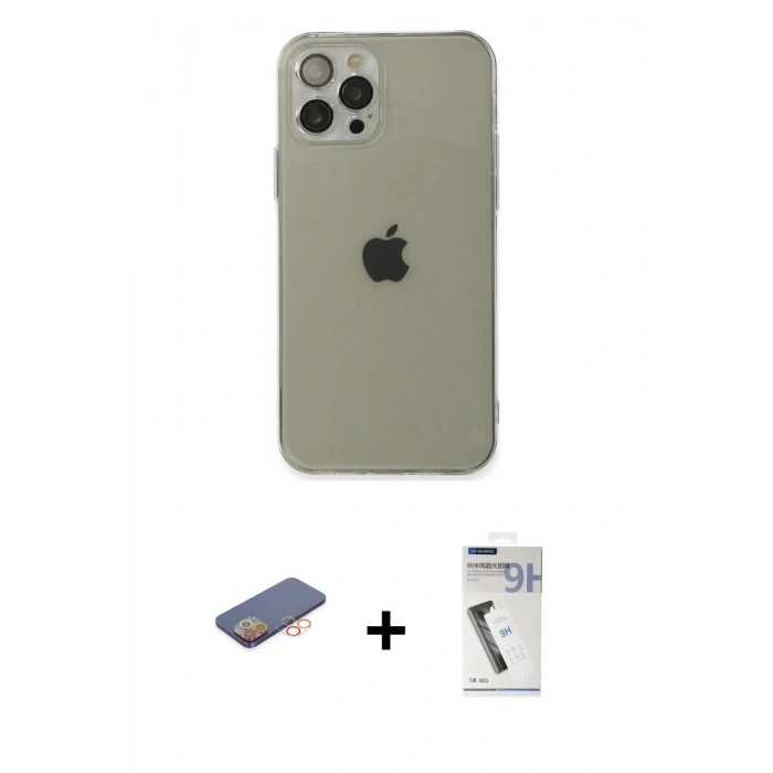 MARSİLYAN™- iPhone 12 Pro Kılıf Ahenk Doku - Şeffaf Uv Polymer Nano Ekran Koruyucu + Renkli Kamera Lens Koruma Cam - TU