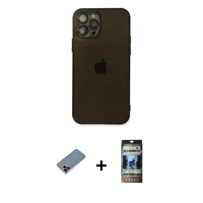 MARSİLYAN™- iPhone 12 Pro Kılıf Ahenk Doku - Siyah 34D Hayalet Izgaralı Cam + Metal Kamera Lens Koruma Cam - KI
