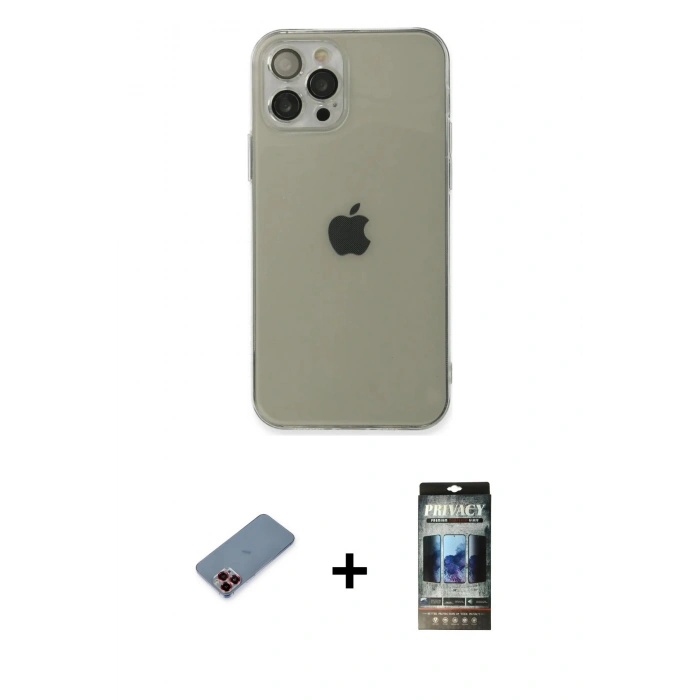 MARSİLYAN™- iPhone 12 Pro Kılıf Ahenk Doku - Siyah 34D Hayalet Izgaralı Cam + Metal Kamera Lens Koruma Cam - KI