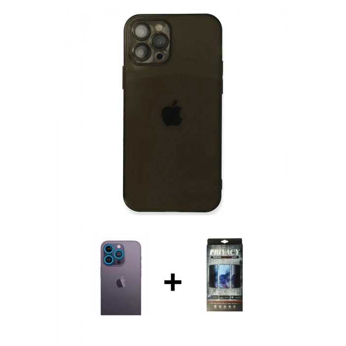 MARSİLYAN™- iPhone 12 Pro Kılıf Ahenk Doku - Siyah 34D Hayalet Izgaralı Cam + Neon Fosforlu Kamera Lens - MI