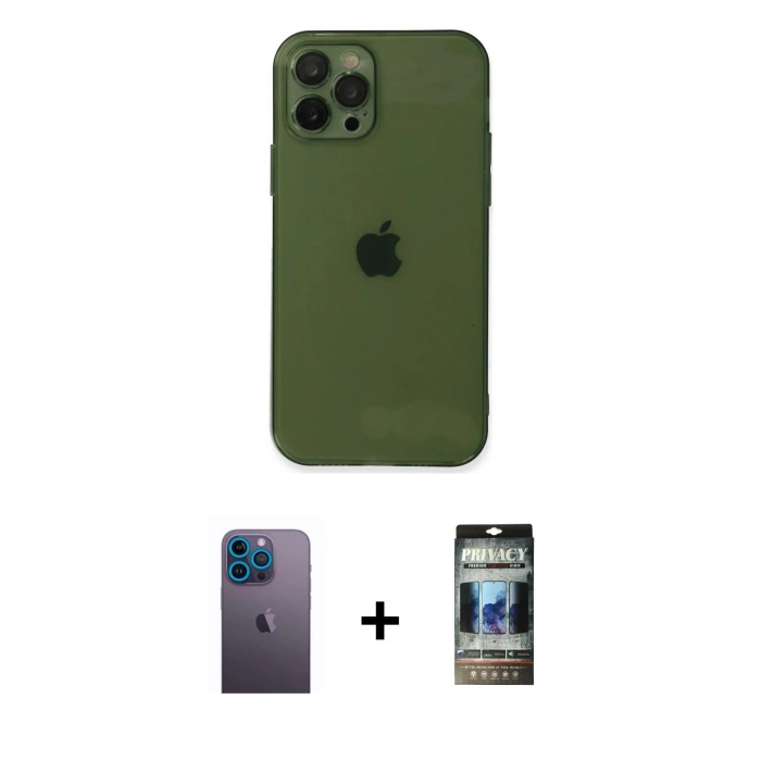MARSİLYAN™- iPhone 12 Pro Kılıf Ahenk Doku - Siyah 34D Hayalet Izgaralı Cam + Neon Fosforlu Kamera Lens - MI