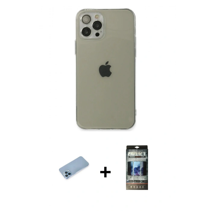 MARSİLYAN™- iPhone 12 Pro Kılıf Ahenk Doku - Siyah 34D Hayalet Izgaralı Cam + Shine Kamera Lens Koruma Cam - MI