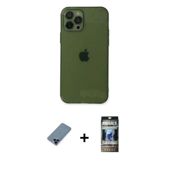 MARSİLYAN™- iPhone 12 Pro Kılıf Ahenk Doku - Siyah 34D Hayalet Izgaralı Cam + Metal Kamera Lens Koruma Cam - MI