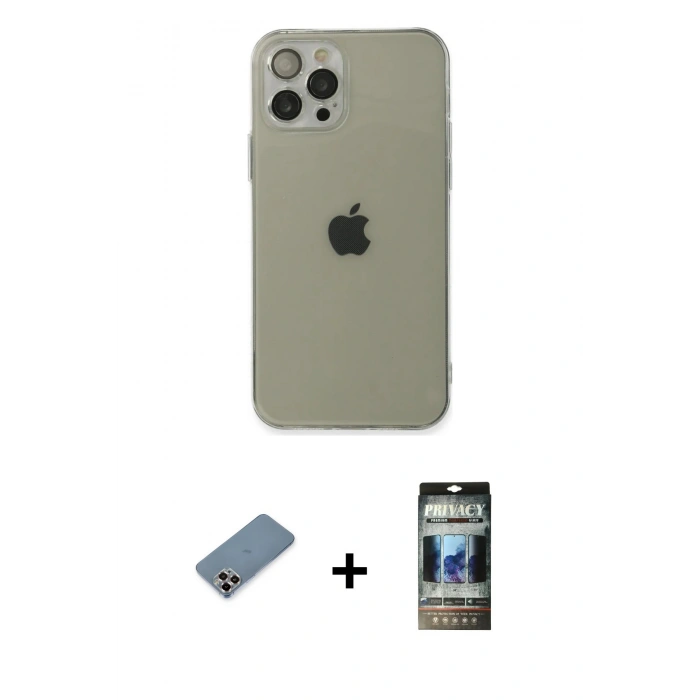 MARSİLYAN™- iPhone 12 Pro Kılıf Ahenk Doku - Siyah 34D Hayalet Izgaralı Cam + Metal Kamera Lens Koruma Cam - MR