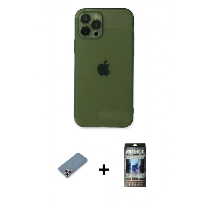 MARSİLYAN™- iPhone 12 Pro Kılıf Ahenk Doku - Siyah 34D Hayalet Izgaralı Cam + Metal Kamera Lens Koruma Cam - MR