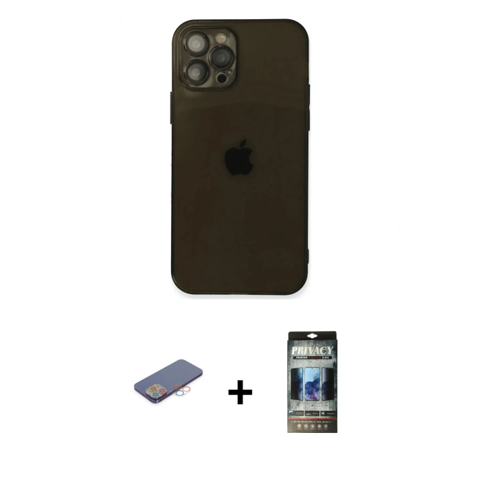 MARSİLYAN™- iPhone 12 Pro Kılıf Ahenk Doku - Siyah 34D Hayalet Izgaralı Cam + Renkli Kamera Lens Koruma Cam - PE