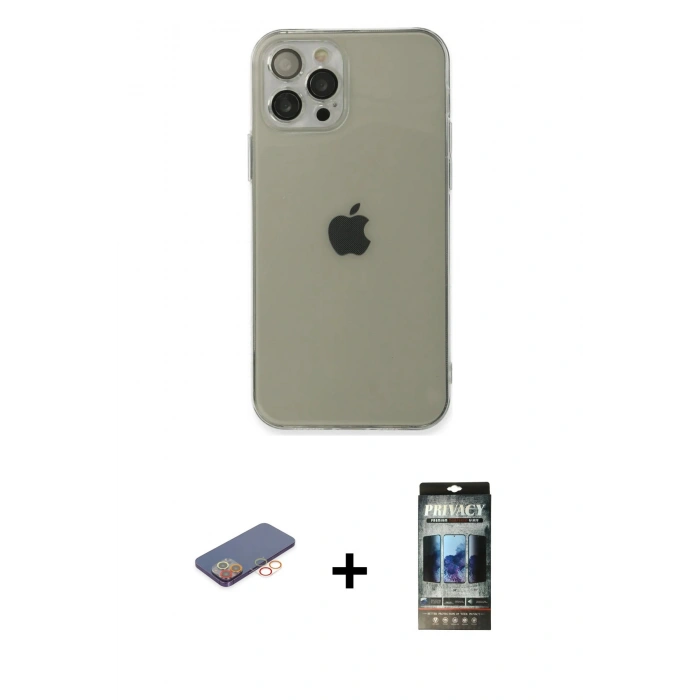 MARSİLYAN™- iPhone 12 Pro Kılıf Ahenk Doku - Siyah 34D Hayalet Izgaralı Cam + Renkli Kamera Lens Koruma Cam - TU