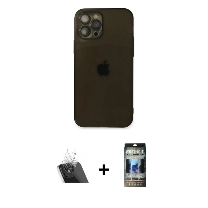 MARSİLYAN™- iPhone 12 Pro Kılıf Ahenk Doku - Siyah 34D Hayalet Izgaralı Cam + Kamera Lens Koruma Cam - SF