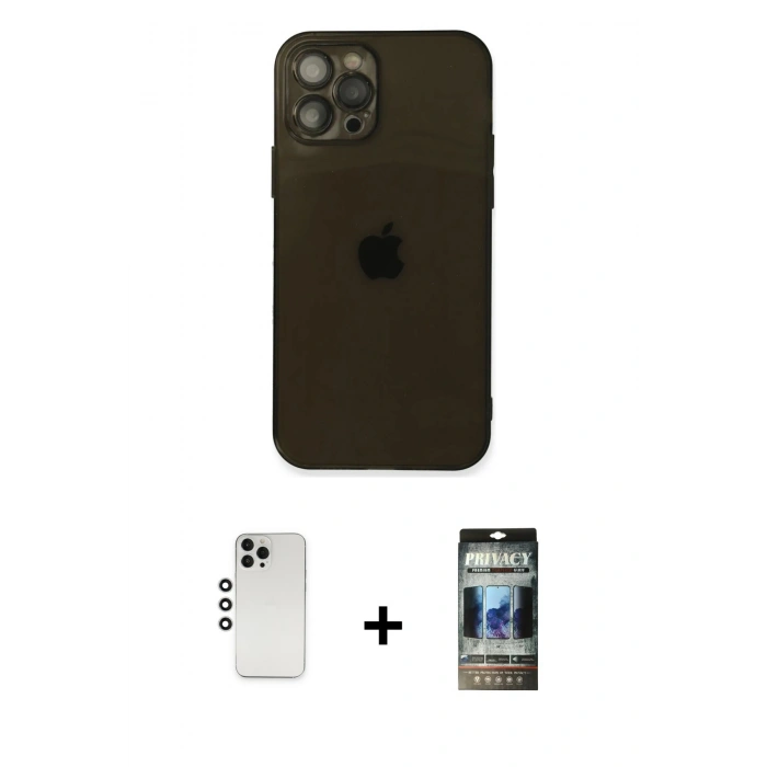 MARSİLYAN™- iPhone 12 Pro Kılıf Ahenk Doku - Siyah 34D Hayalet Izgaralı Cam + Shine Kamera Lens - GS