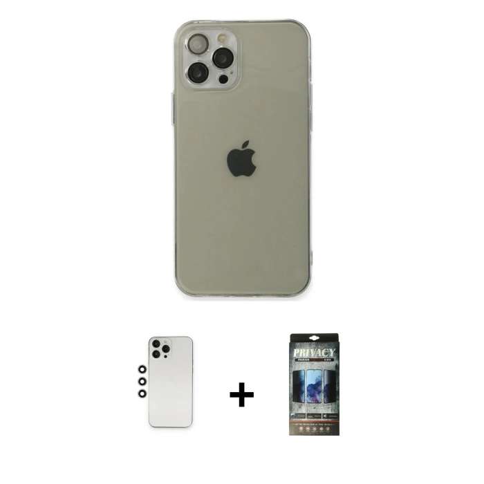 MARSİLYAN™- iPhone 12 Pro Kılıf Ahenk Doku - Siyah 34D Hayalet Izgaralı Cam + Shine Kamera Lens - GS