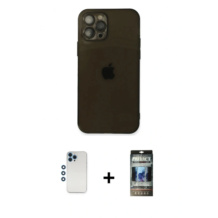 MARSİLYAN™- iPhone 12 Pro Kılıf Ahenk Doku - Siyah 34D Hayalet Izgaralı Cam + Shine Kamera Lens - MI
