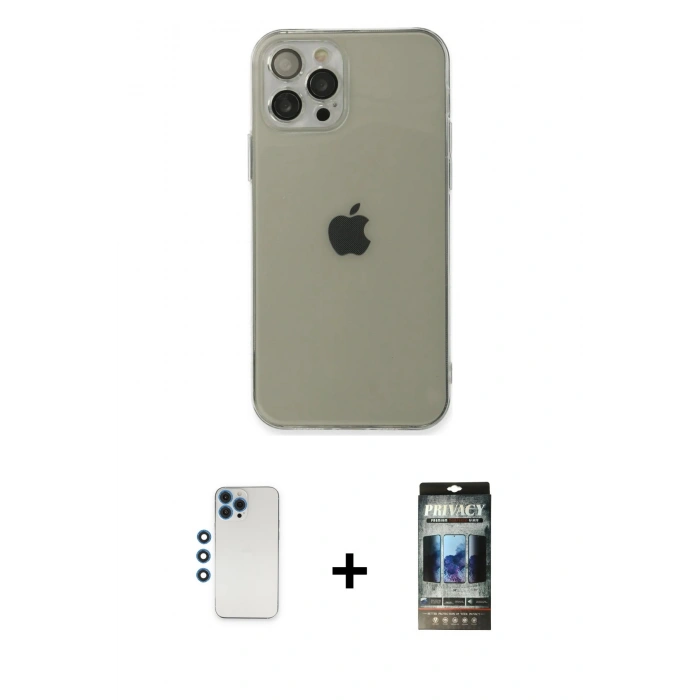 MARSİLYAN™- iPhone 12 Pro Kılıf Ahenk Doku - Siyah 34D Hayalet Izgaralı Cam + Shine Kamera Lens - MI