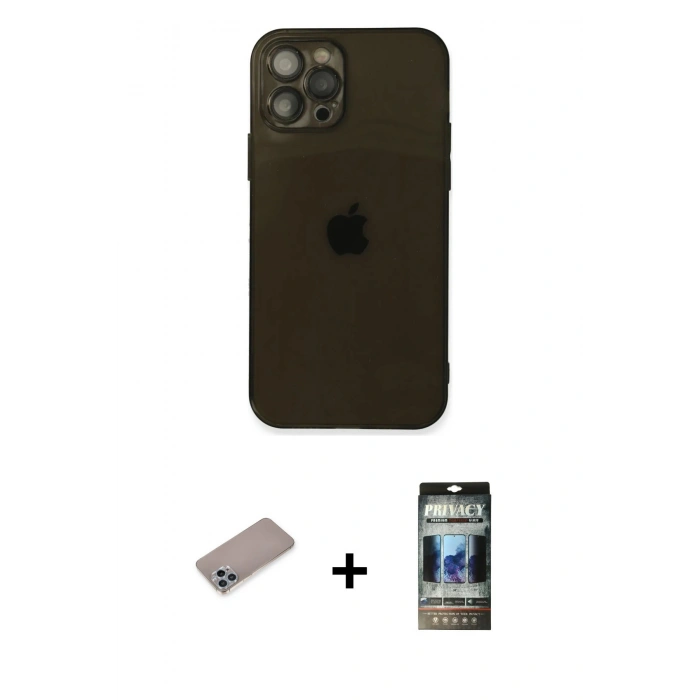 MARSİLYAN™- iPhone 12 Pro Kılıf Ahenk Doku - Siyah 34D Hayalet Izgaralı Cam + Shine Kamera Lens Koruma Cam - SABE