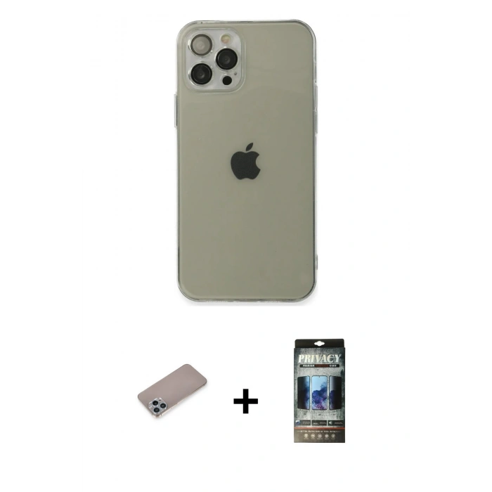 MARSİLYAN™- iPhone 12 Pro Kılıf Ahenk Doku - Siyah 34D Hayalet Izgaralı Cam + Shine Kamera Lens Koruma Cam - SABE