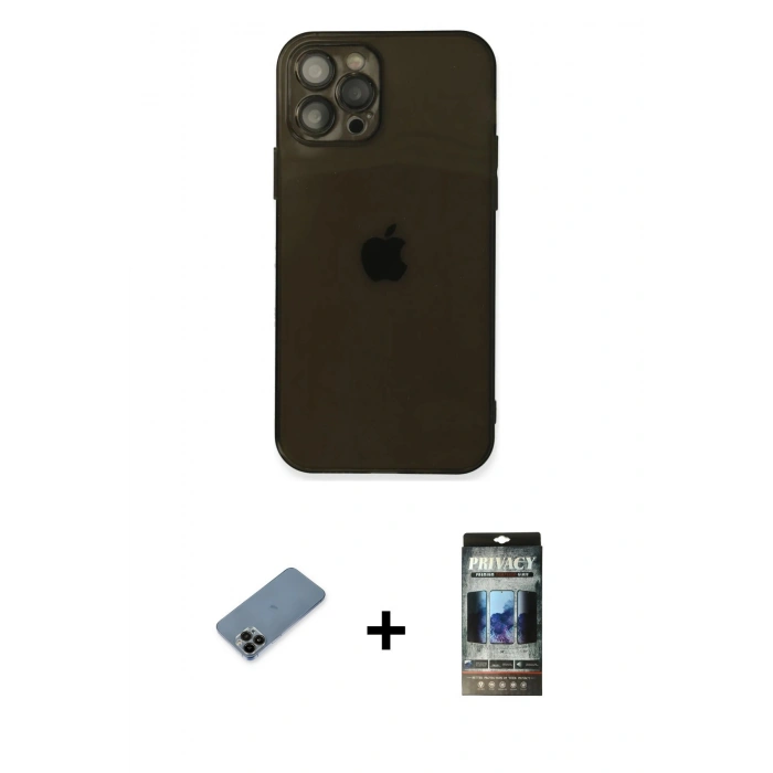 MARSİLYAN™- iPhone 12 Pro Kılıf Ahenk Doku - Siyah 34D Hayalet Izgaralı Cam + Shine Kamera Lens Koruma Cam - SH