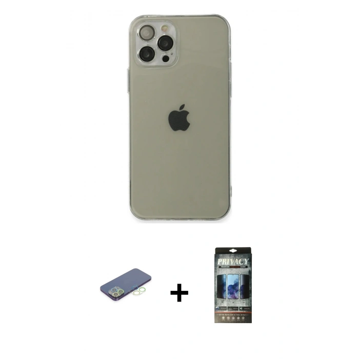 MARSİLYAN™- iPhone 12 Pro Kılıf Ahenk Doku - Siyah 34D Hayalet Izgaralı Cam + Renkli Kamera Lens Koruma Cam - YL