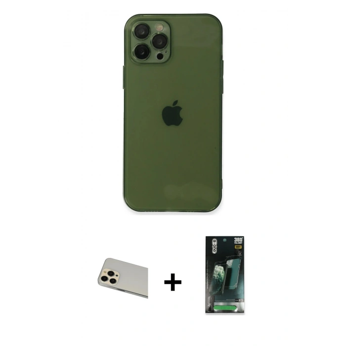 MARSİLYAN™- iPhone 12 Pro Kılıf Ahenk Doku - Siyah 360 Mat Full Body Arka Koruyucu + Rainbow Kamera Lens Koruma Cam - GD